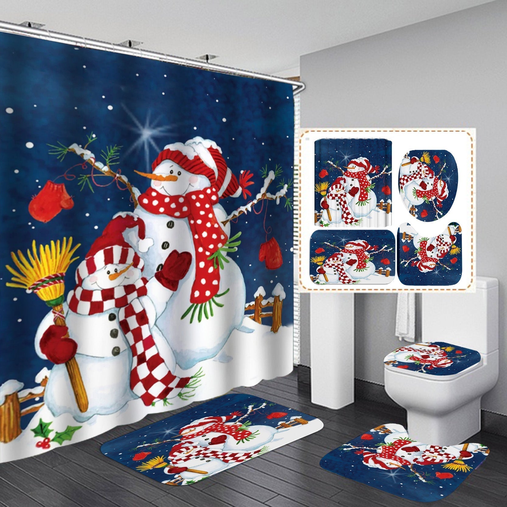 Merry Christmas Shower Curtain Bathroom Rug Set Bath Mat Non-Slip Toilet Lid Cover-Shower Curtain-180×180cm Shower Curtain Only-4-Free Shipping at meselling99