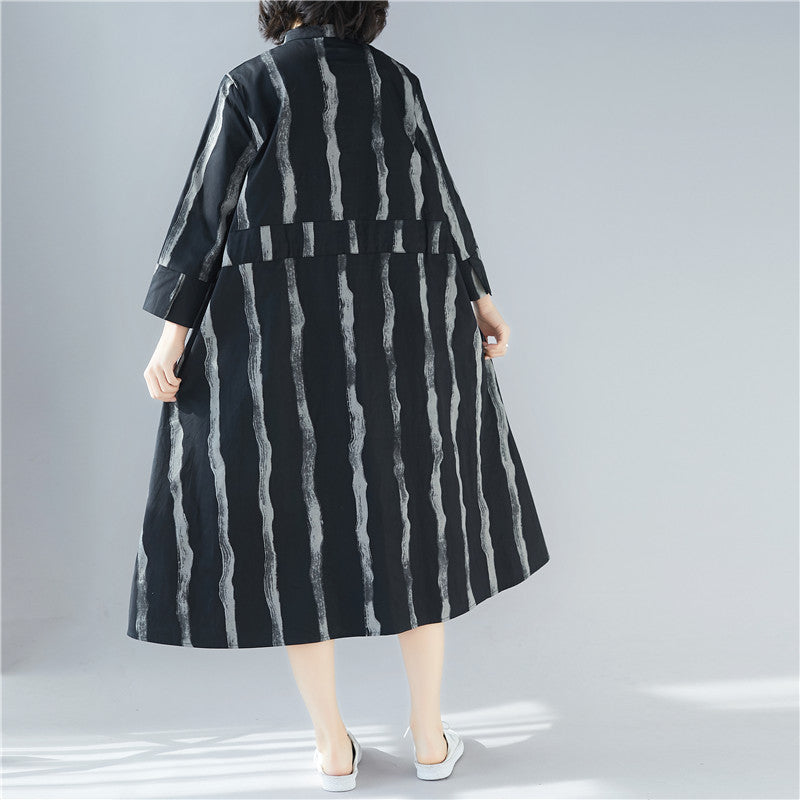 Black Linen Plus Sizes Shirt Midi Dresses
