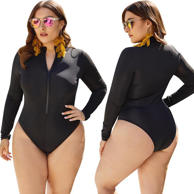 Black Zipper Plus Sizes One Piece Swimwear-STYLEGOING