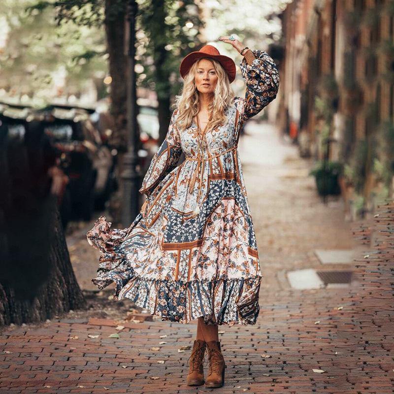 Women Bohemia Floral Print Maxi Dresses-STYLEGOING