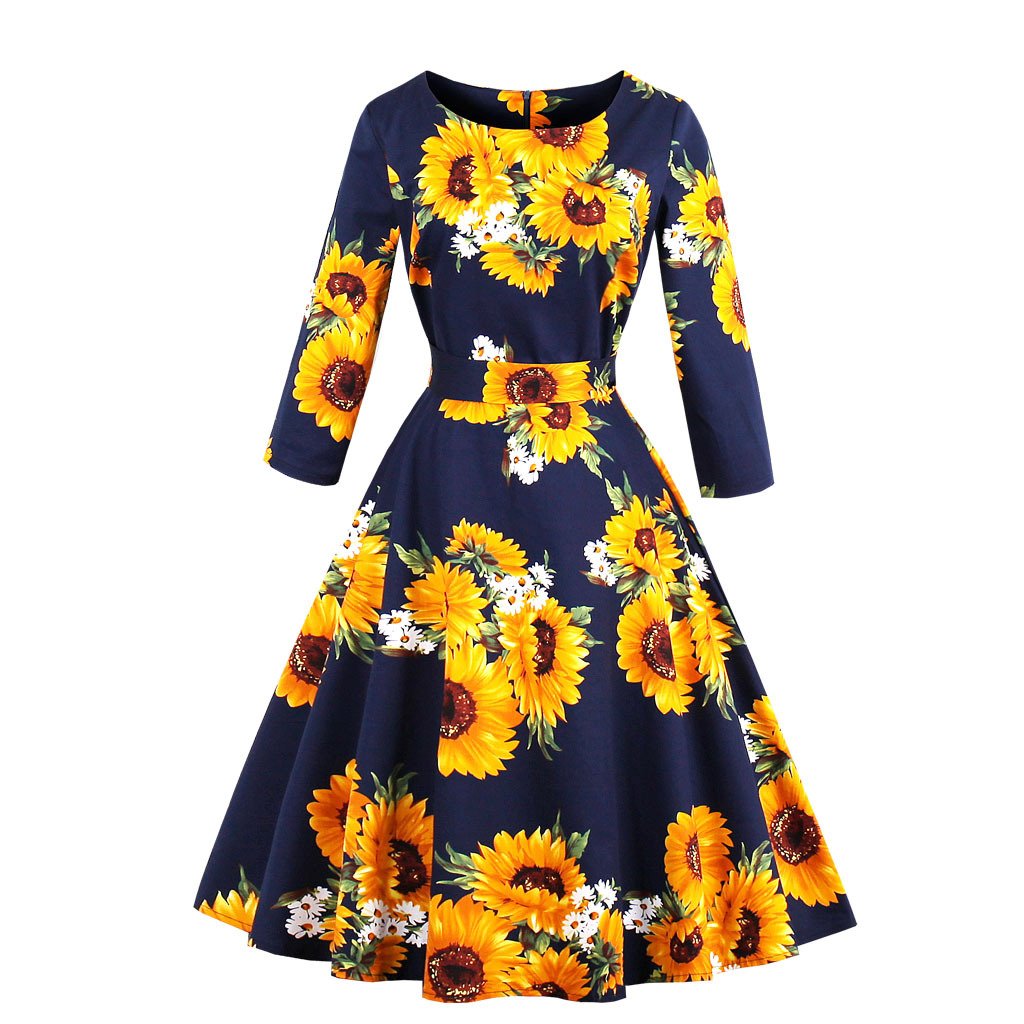Vintage Women 3/4 Length Sleeves Sumflower Dresses-STYLEGOING