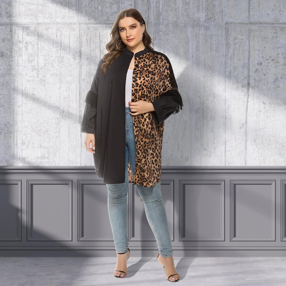 Women Plus Sizes Lace Leopard Fall Blouses-STYLEGOING