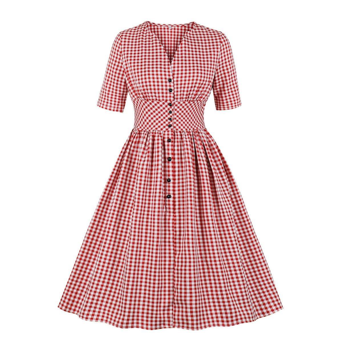 Half Sleeves Plaid Retro Dresses with Button-STYLEGOING