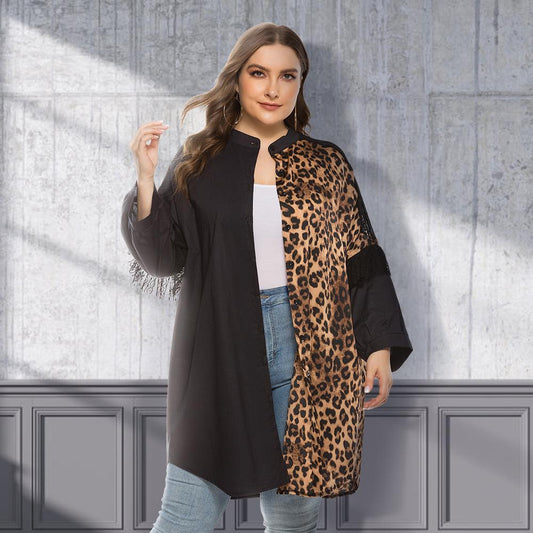 Women Plus Sizes Lace Leopard Fall Blouses-STYLEGOING