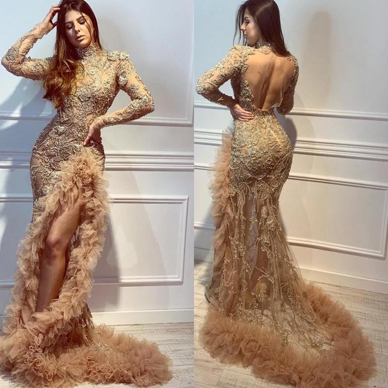 Gold Sexy Backless Mermaid Tail Long Party Dresses-STYLEGOING