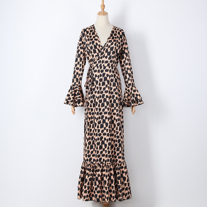Sexy Leopard Print Split Front Long Sleeves Dresses