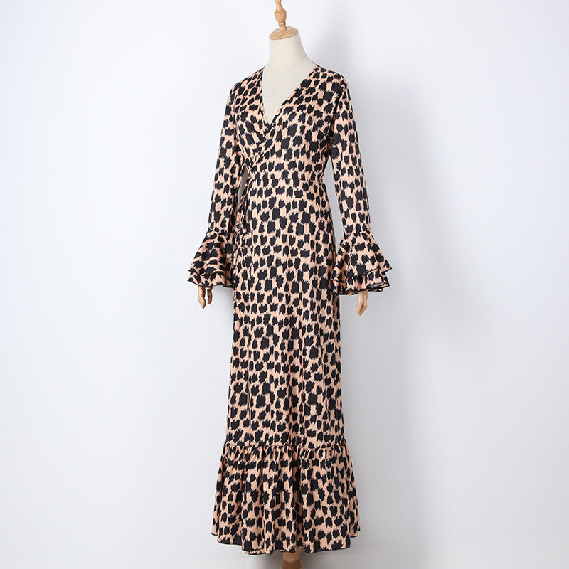 Sexy Leopard Print Split Front Long Sleeves Dresses