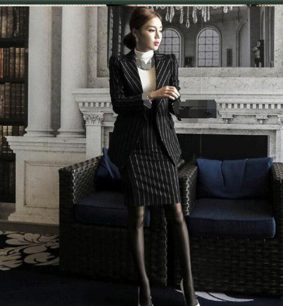 Elegant Striped Office Lady Blazer and Dress Sets