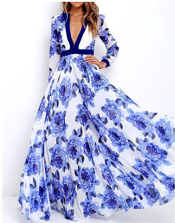 Blue Floral Print V Neck Long Maxi Dresses-STYLEGOING
