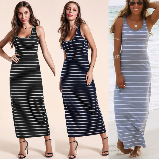 Summer Sleeveless Striped Long Dresses