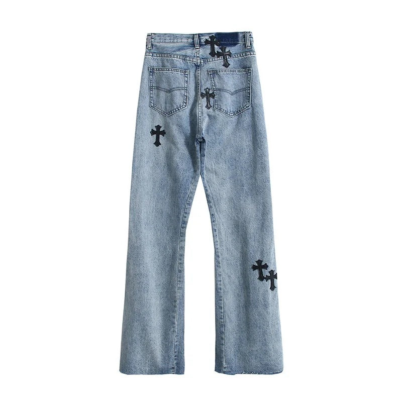 PU Cross Design Women High Waist Wide Jean Pants