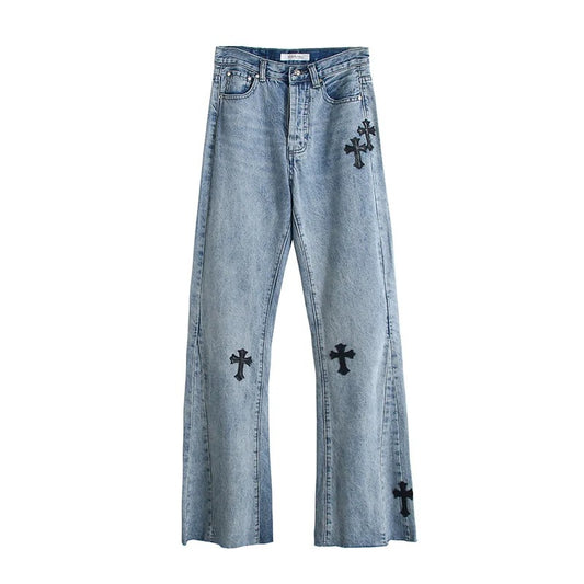 PU Cross Design Women High Waist Wide Jean Pants