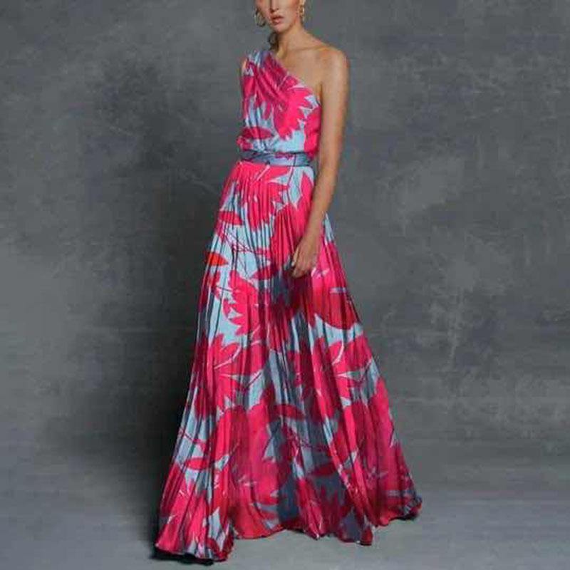One Shoulder Floral Print Long Maxi Dresses-STYLEGOING