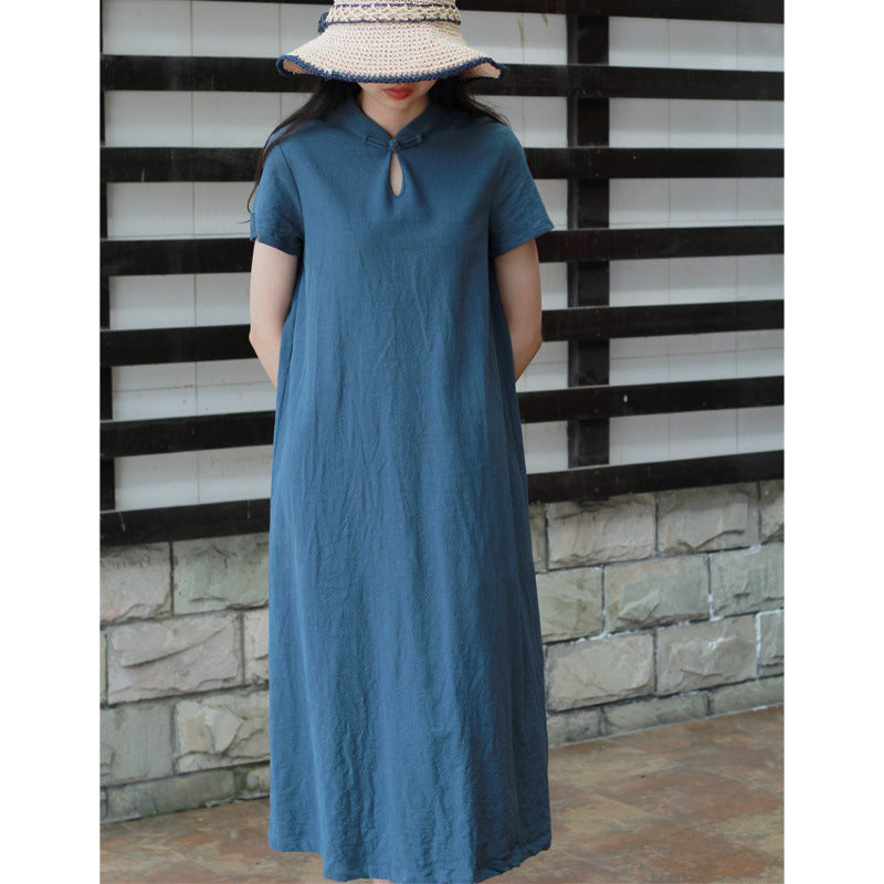 Linen Short Sleeves Stand Collar Vintage Summer Dresses