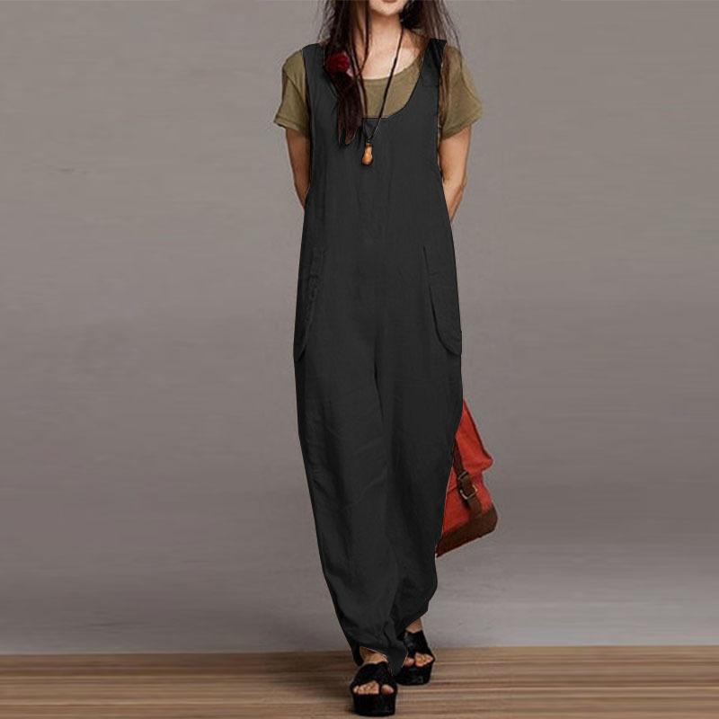 Women Round Neck Casual Pocket Jumpsuits-STYLEGOING