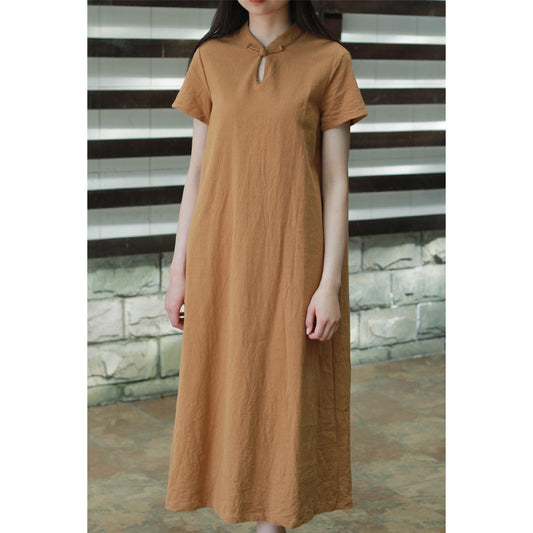 Linen Short Sleeves Stand Collar Vintage Summer Dresses