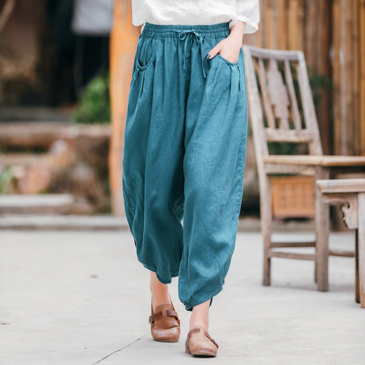 Ethnic Linen Elastic Waist Casual Pants for Women