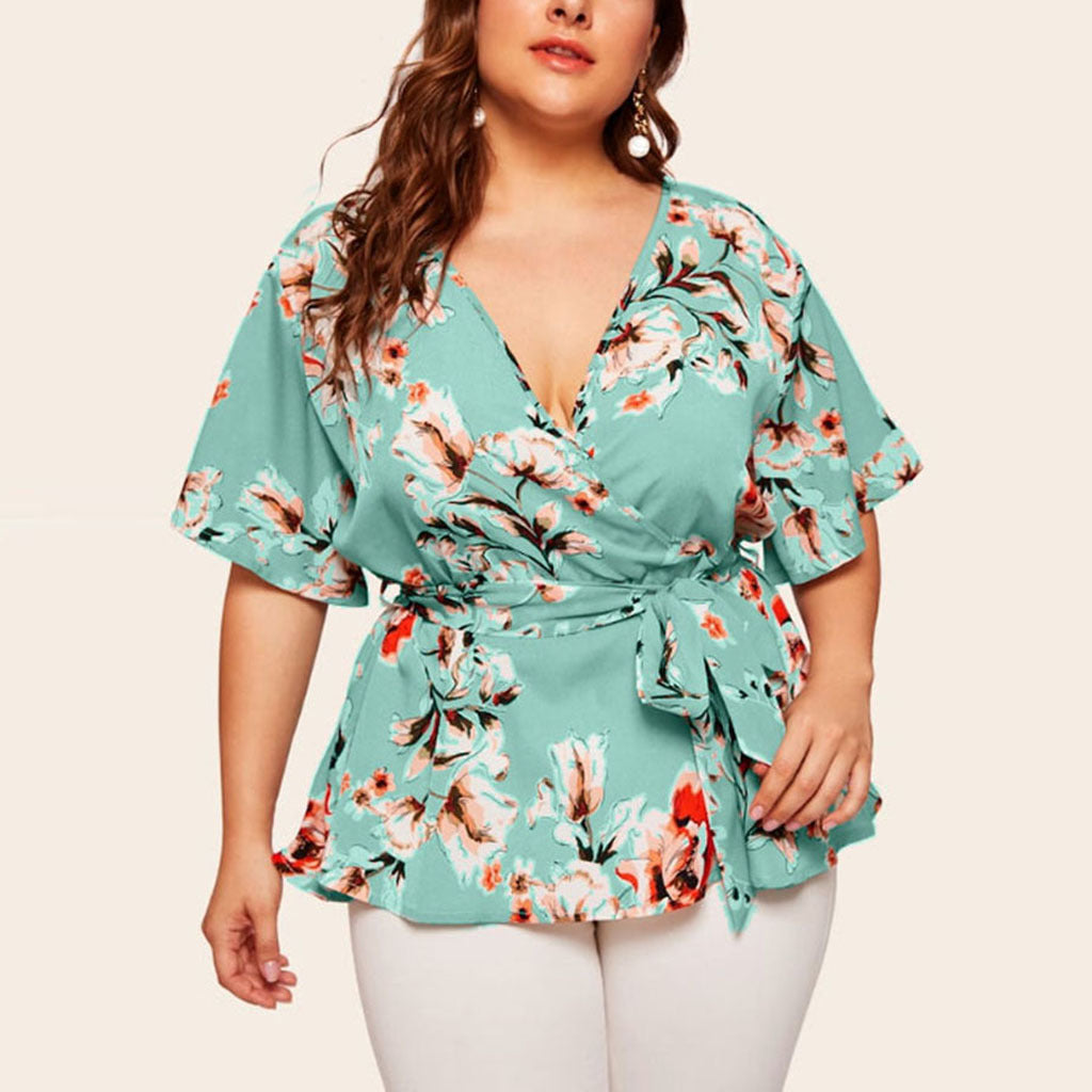 V Neck Short Sleeves Chiffon Plus Sizes Women Blouses