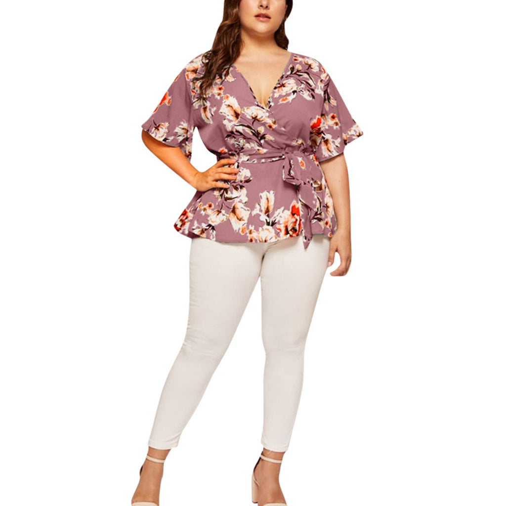 V Neck Short Sleeves Chiffon Plus Sizes Women Blouses