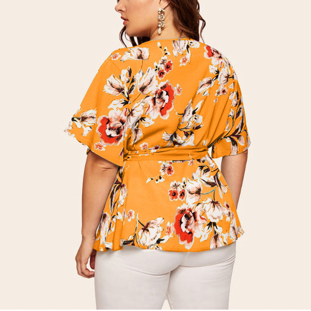 V Neck Short Sleeves Chiffon Plus Sizes Women Blouses