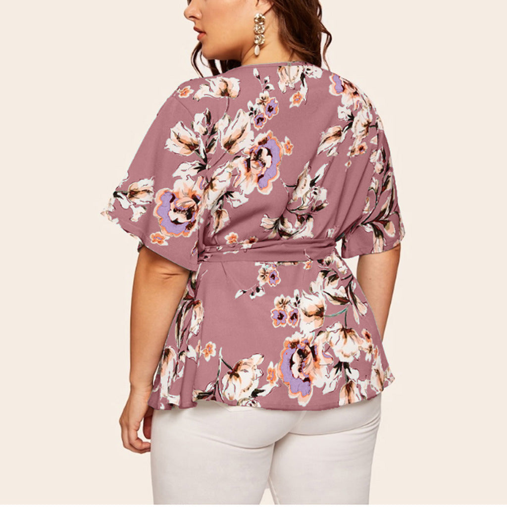 V Neck Short Sleeves Chiffon Plus Sizes Women Blouses