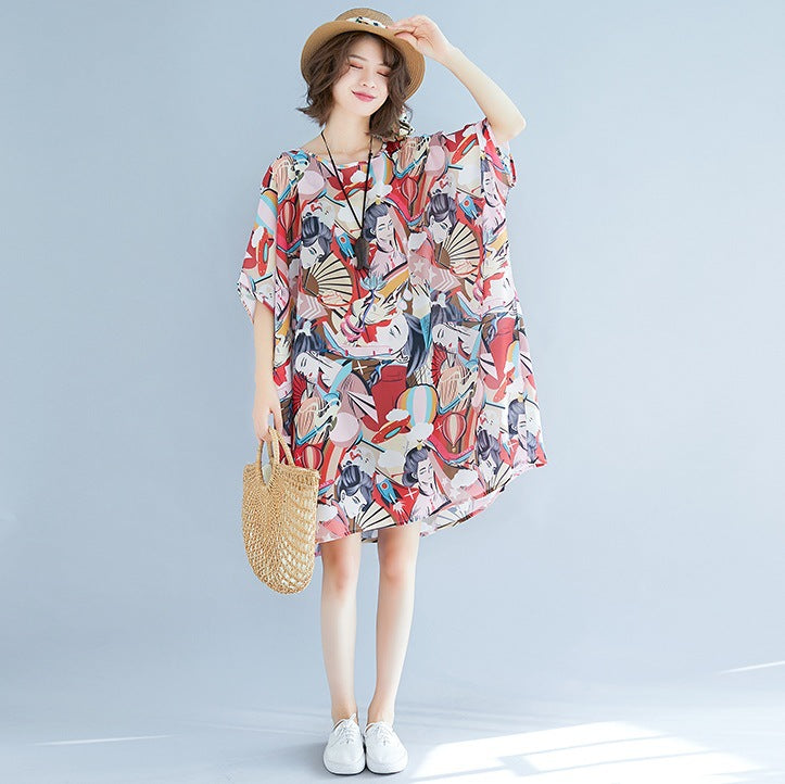 Summer 3D Face Print Chiffon Plus Sizes Short Dresses