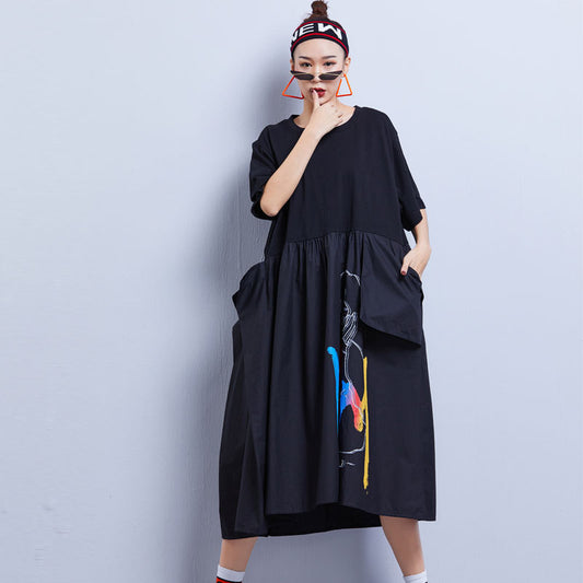 Summer Contrast Black Plus Sizes Midi Dresses