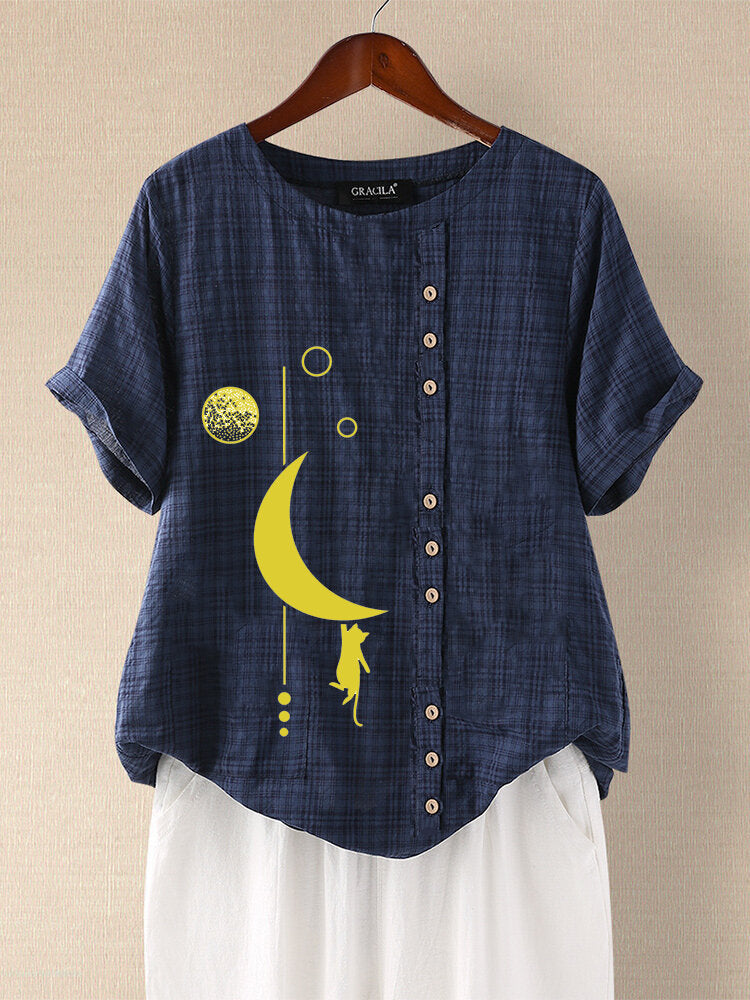 Vintage Moon Print Linen Short Sleeves  T Shirts