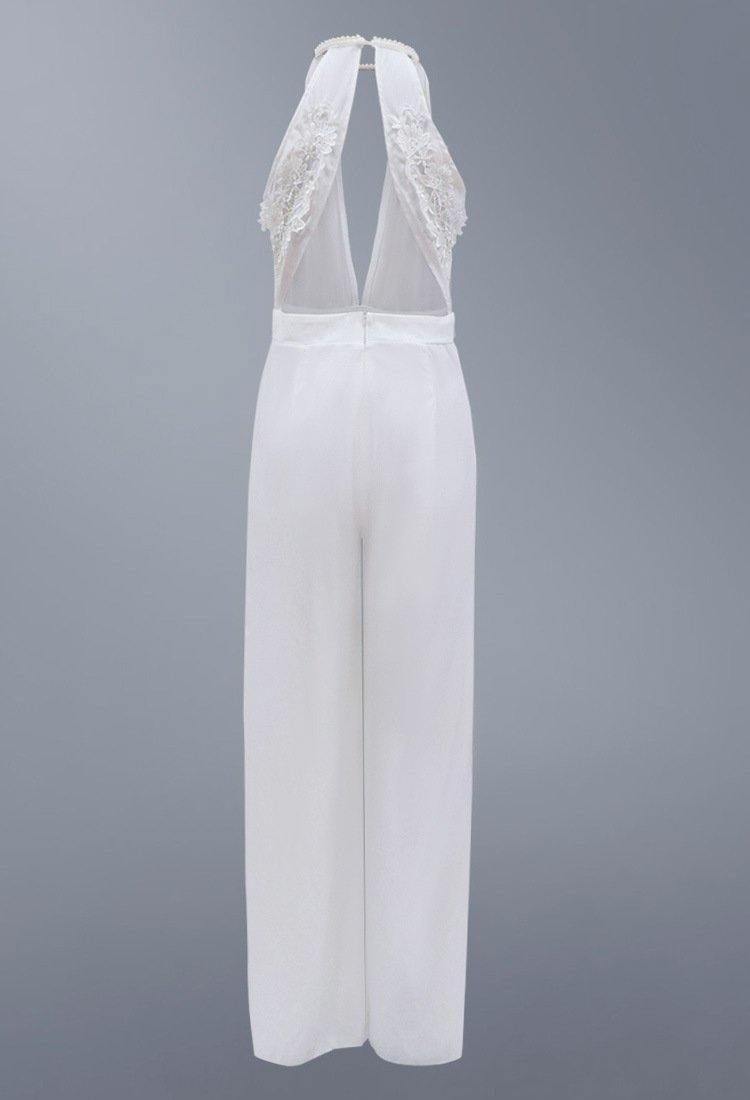 Women White Backless Halter Causal Sexy Jumpsuits-STYLEGOING