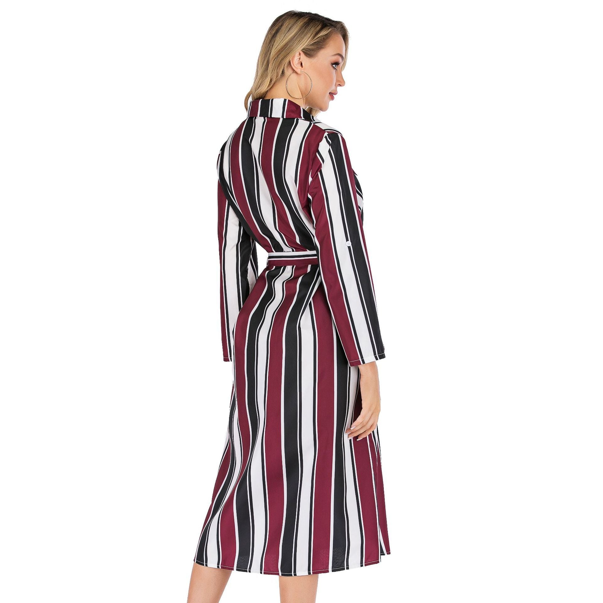 Fashion Turnover Collar Striped Split Long Sleeves Dresses-STYLEGOING