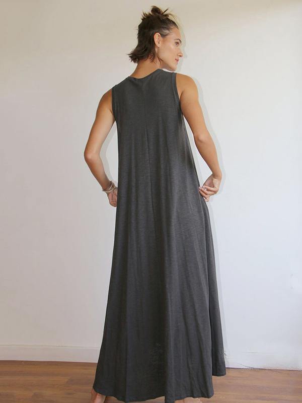 Simple Solid Sleeveless Round-neck Long Dress-STYLEGOING
