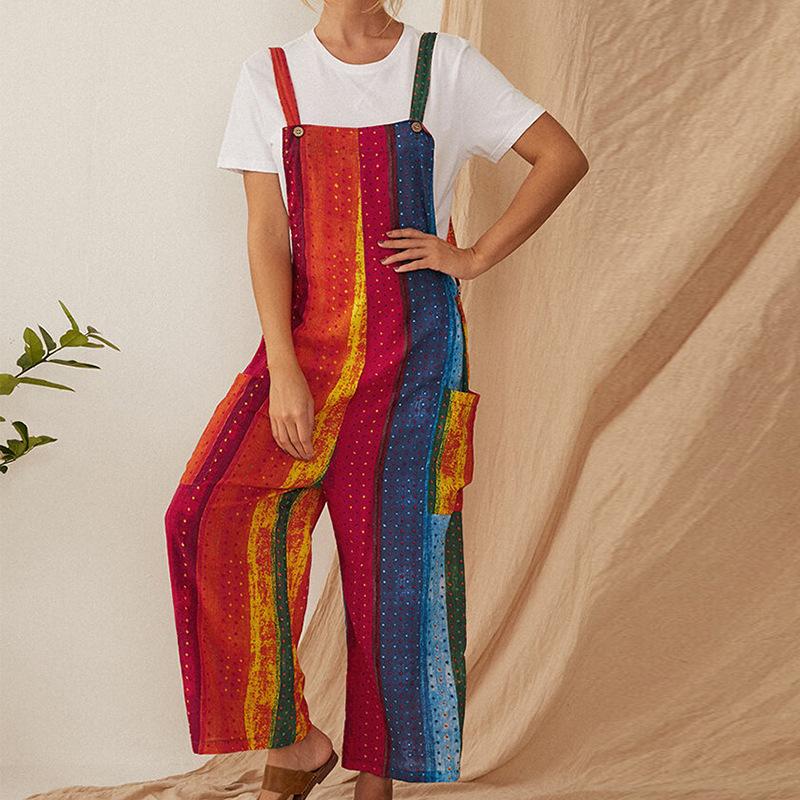 Women Linen Print Straps Jumpsuits-STYLEGOING