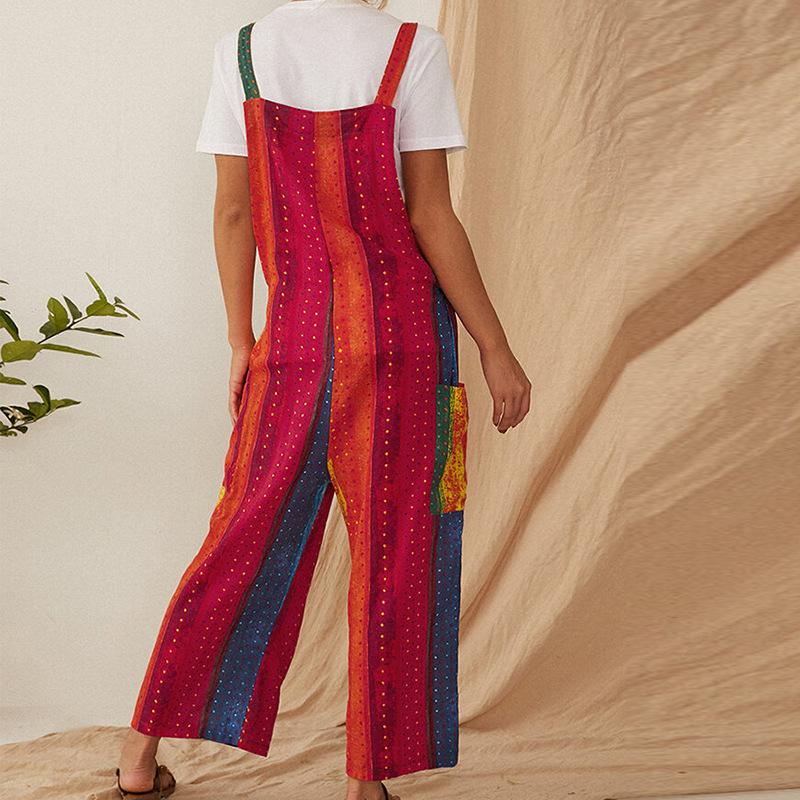 Women Linen Print Straps Jumpsuits-STYLEGOING