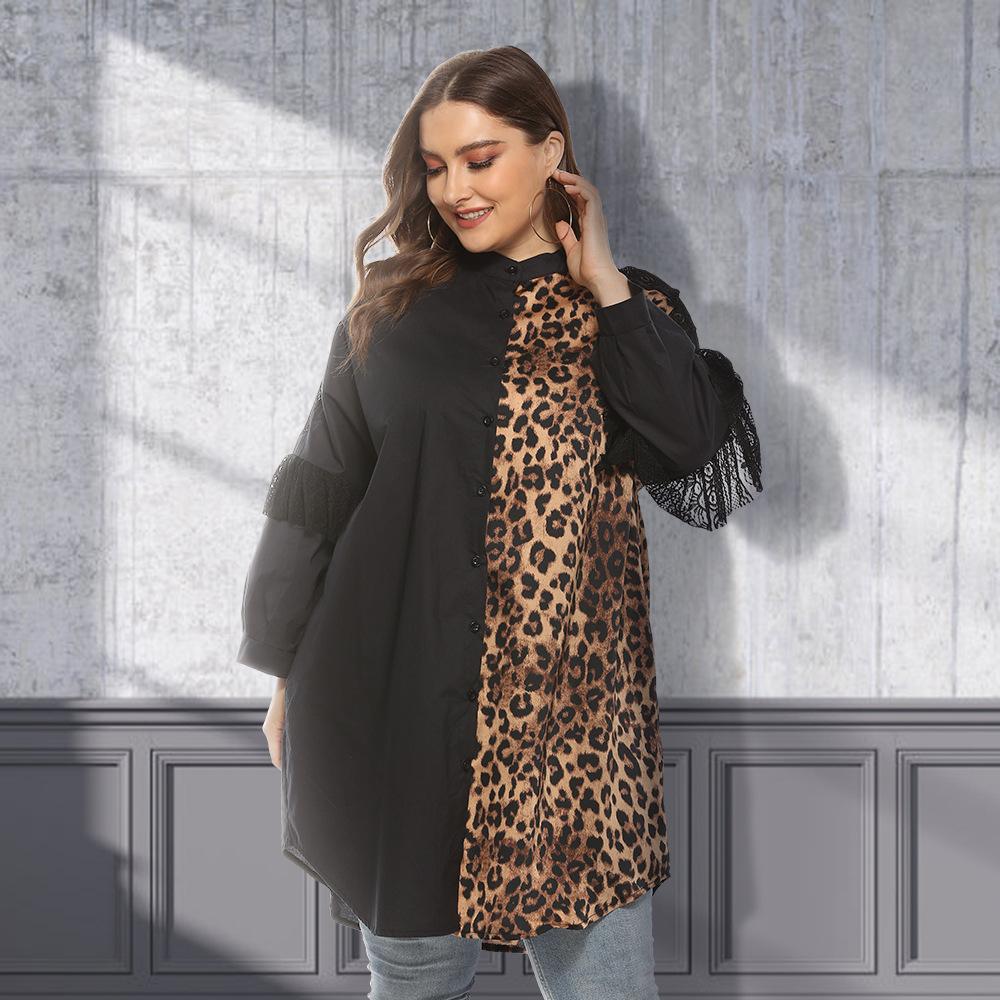 Women Plus Sizes Lace Leopard Fall Blouses-STYLEGOING