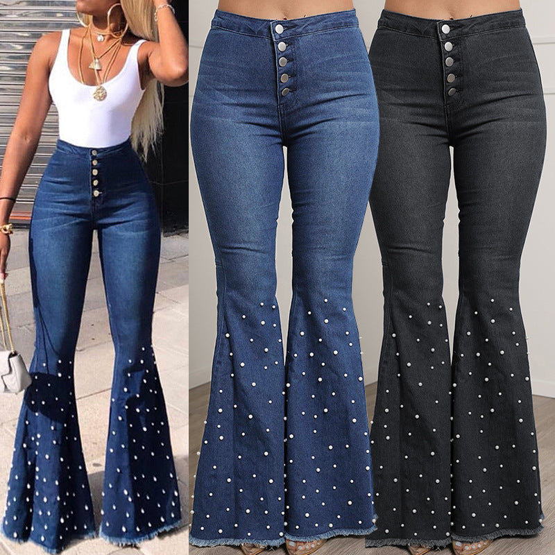 Casual Beaded Women Trumpet Jeans