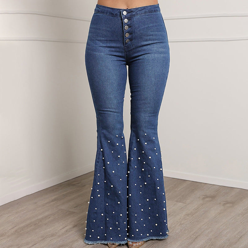 Casual Beaded Women Trumpet Jeans