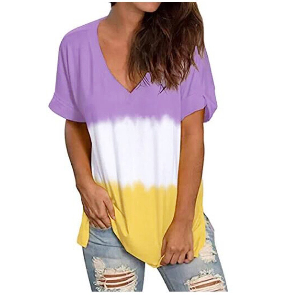 Summer Loose Dyed V Neck T Shirts-STYLEGOING
