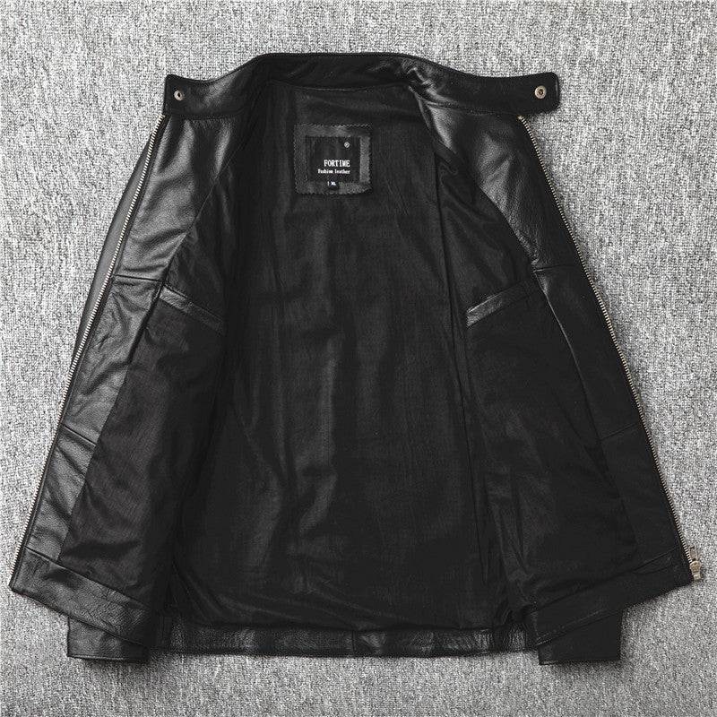 Fashion Cowhide Leather Stand Collar Short Jackets for Men