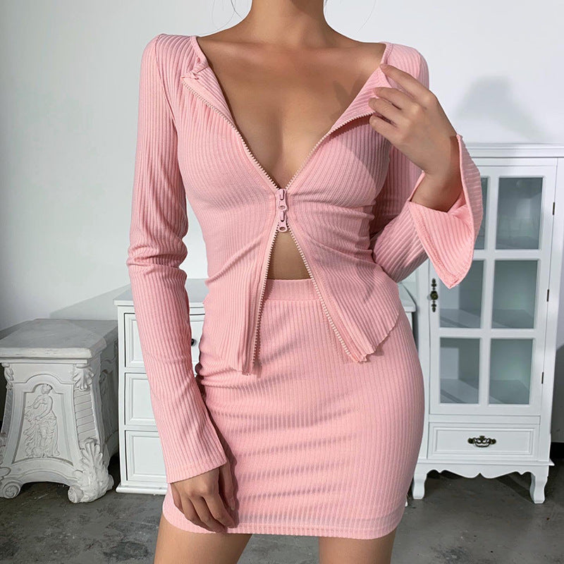 Sexy Knitting Slim Long Sleeves Zipper Tops and Skirts Sets