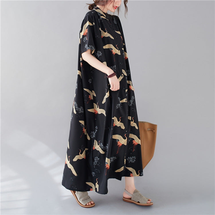 Summer Stand Collar Crane Print Plus Sizes Women Long Shirt Dresses