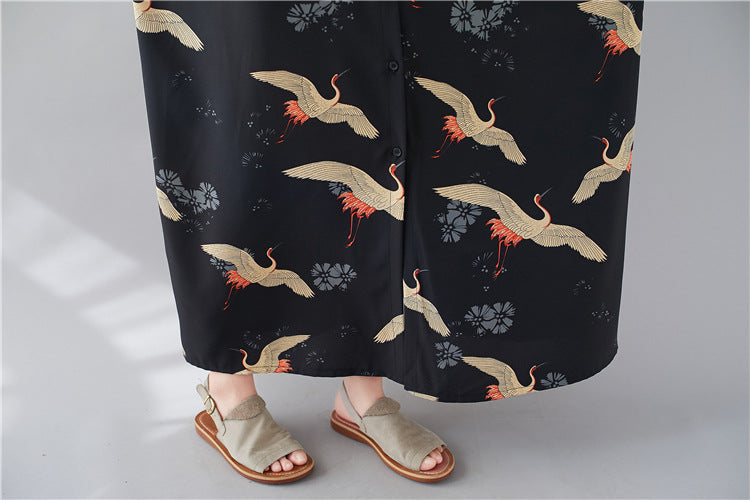 Summer Stand Collar Crane Print Plus Sizes Women Long Shirt Dresses