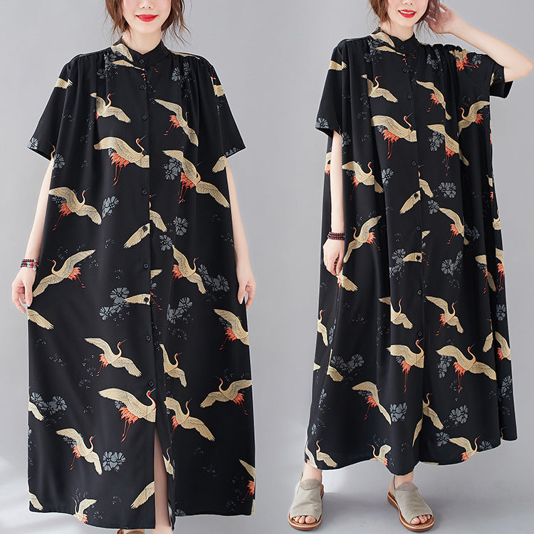 Summer Stand Collar Crane Print Plus Sizes Women Long Shirt Dresses