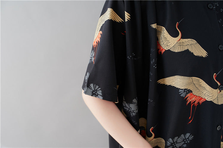 Summer Stand Collar Crane Print Plus Sizes Women Long Shirt Dresses