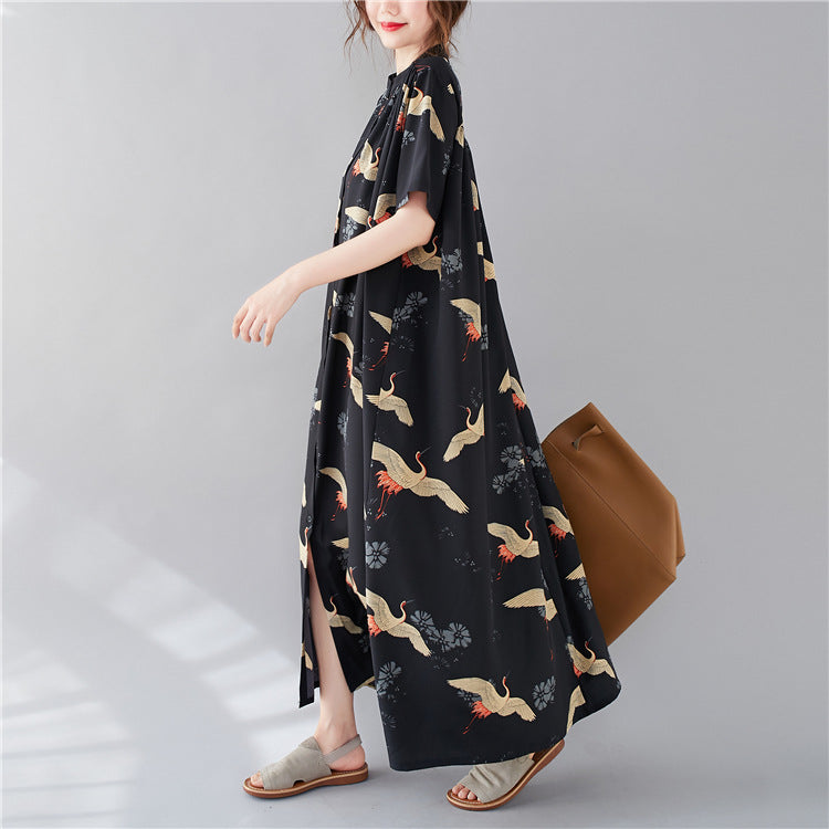 Summer Stand Collar Crane Print Plus Sizes Women Long Shirt Dresses