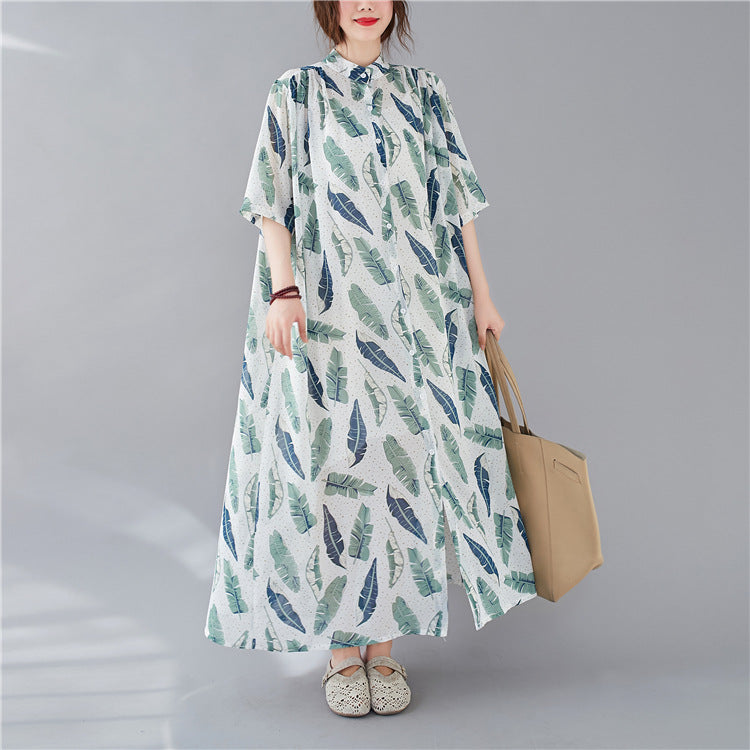 Summer Leaf Print Plus Sizes Women Long Shirt Dresses