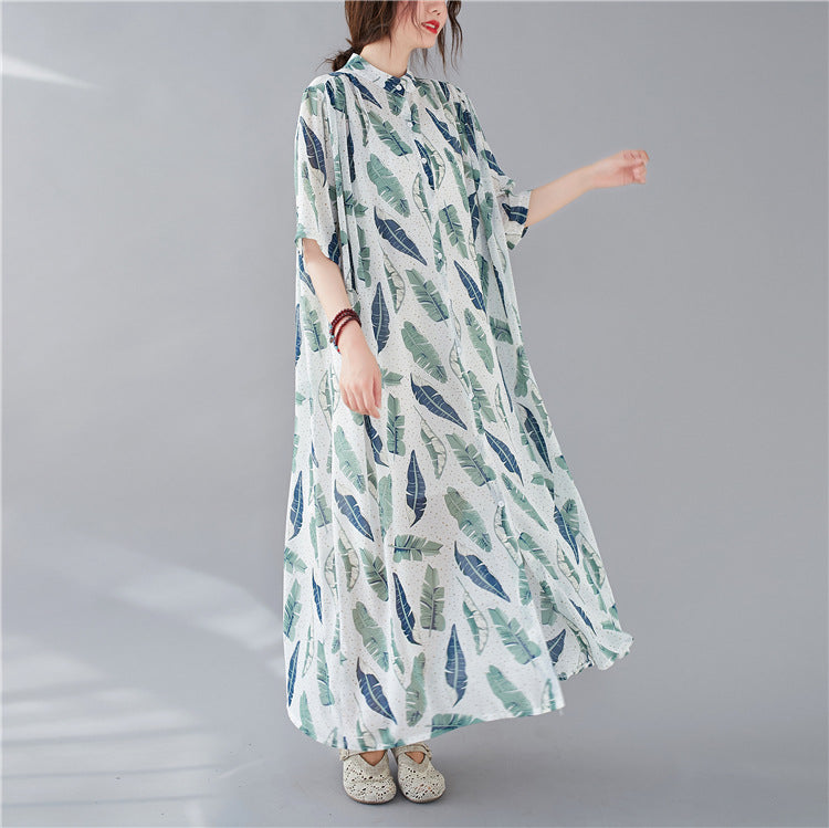 Summer Leaf Print Plus Sizes Women Long Shirt Dresses