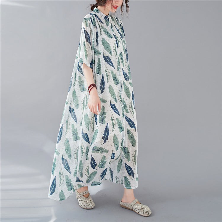 Summer Leaf Print Plus Sizes Women Long Shirt Dresses