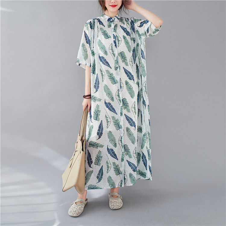 Summer Leaf Print Plus Sizes Women Long Shirt Dresses
