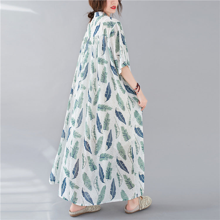 Summer Leaf Print Plus Sizes Women Long Shirt Dresses