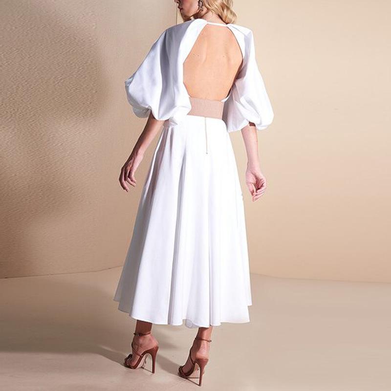 White Backless Puff Long Dresses-STYLEGOING